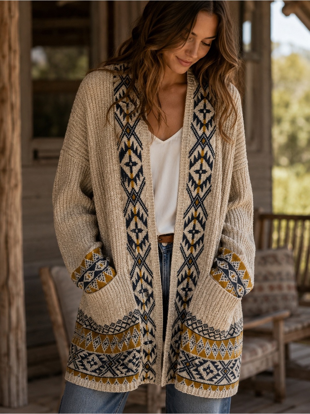 Lucky Brand Southwestern Open Front Cardigan Sweater Large NWT - Picture 1 of 7